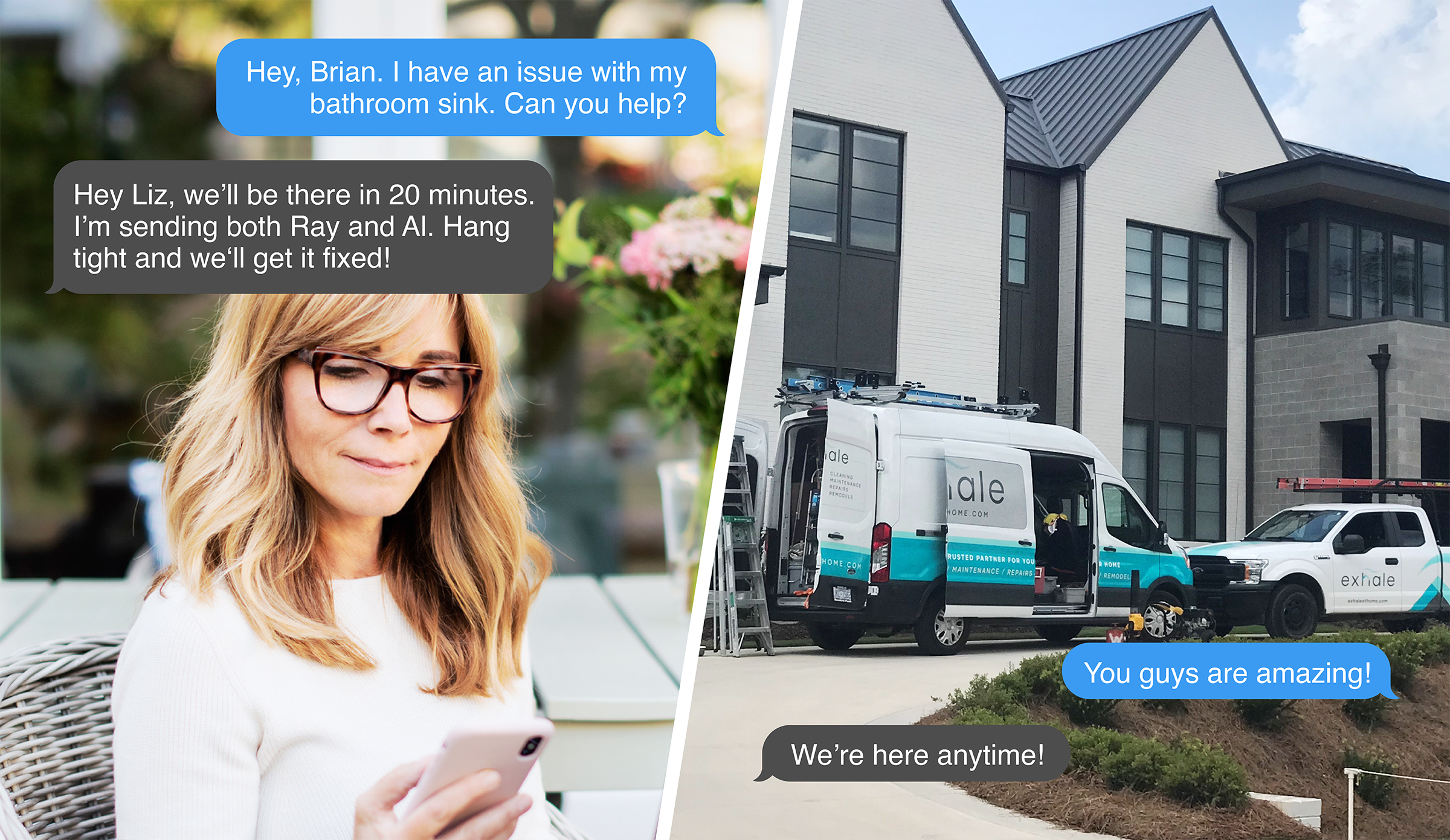 a picture of a women with a phone and a picture of two trucks outside her home